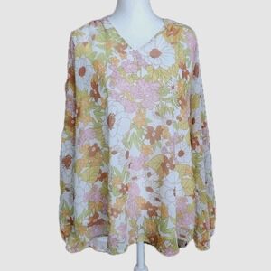 BTFBM Blouse Top Womens 2X Pink Green Floral Flowy Boho Retro Casual Officecore
